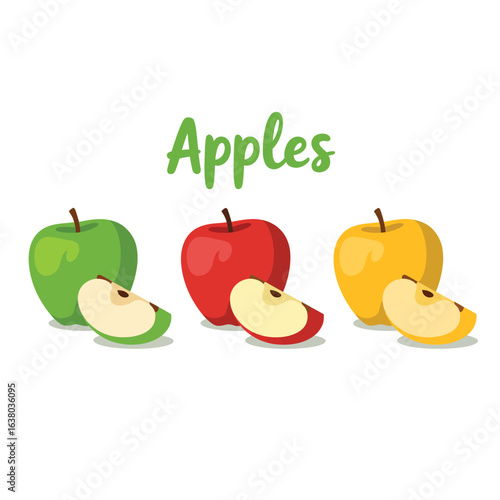 Three colorful apples with slices on a white background