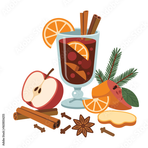Warm mulled wine with apple orange cinnamon and spices for winter holidays