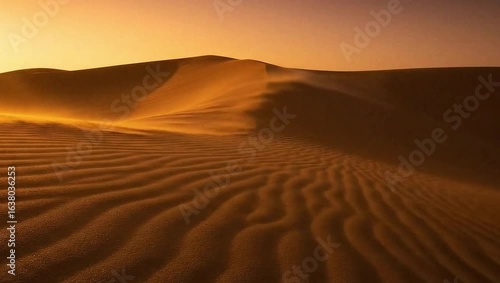 The desert at the sun - the vast desert is full of golden sand dunes when the sunset. The sand waves are stretched under the orange sky in the evening. The soft wind blows the sand to create smooth wr