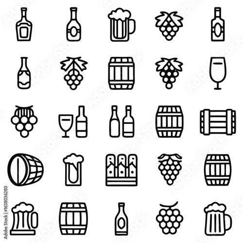 Beverage and alcohol icons with bottles glasses and barrels drink wine