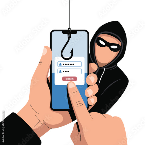 Phishing scam on smartphone with hacker lurking behind