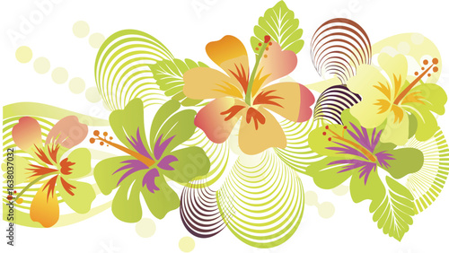 Arrangement of hibiscus flowers in shades of green yellow orange and pink with abstract designs