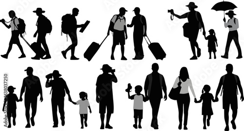 Create a kinds of deferent  people, woman, business, silhouettes, illustration, men, family, walking, vector art with white background.