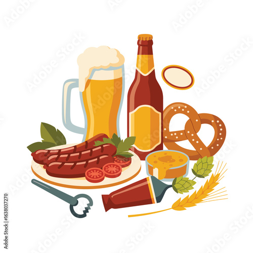 Traditional german oktoberfest food and beer spread with sausages and pretzels