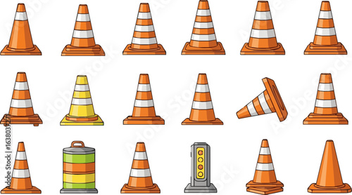 Create a kinds of deferent cone, traffic, road, construction, sign, safety, orange vector art with white background.