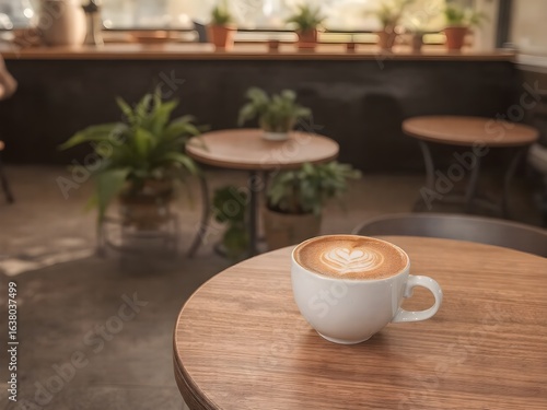 Wallpaper Mural Ceramic Coffee Cup with Latte Art in Cozy Modern Café – Warm Scandinavian Interior with Natural Light (AI Generated) Torontodigital.ca