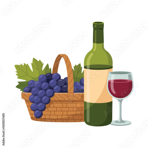 Green wine bottle glass of red wine and basket of grapes with leaves