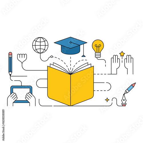 Open book with education and learning icons on white background