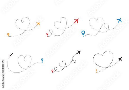 Airplane line path icon. An airplane flying with a heart-shaped trail. plane symbol with dotted line route. design for travel, honeymoon, holiday vector