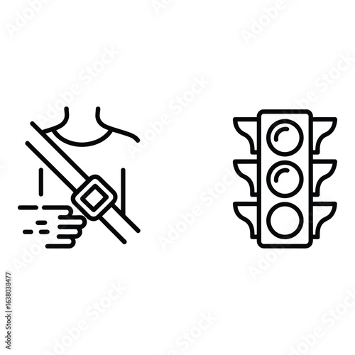 Safety first icons of seatbelt and traffic light on white background