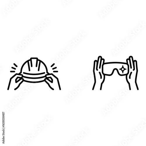 Safety first icons of helmet and goggles on white background