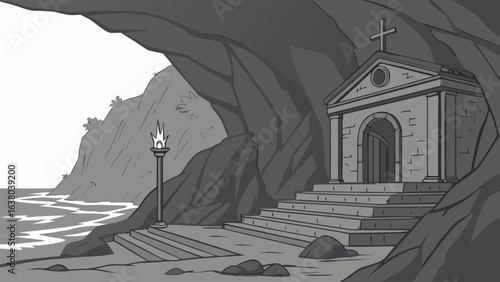 Ancient Obsidian Altar in Coastal Cave Shrine