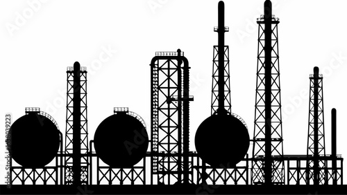 Silhouette of an industrial plant with spherical tanks and tall towers against a white background scene view | editable eps vectors