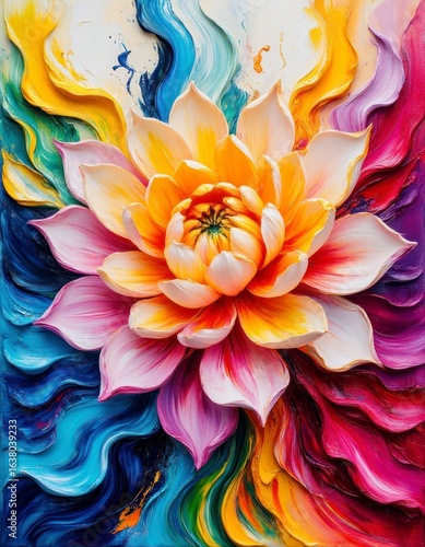 Wallpaper Mural A vibrant lotus flower in shades of orange, pink, and yellow, surrounded by colorful swirling patterns of blue, green, and red. The artwork conveys a sense of harmony and beauty. Torontodigital.ca