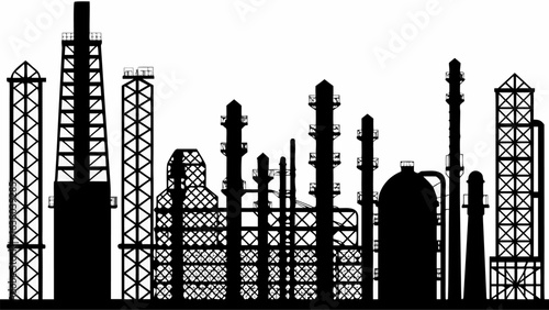 Silhouette illustration of a large industrial complex with multiple towers and refinery structures in black | editable eps vectors