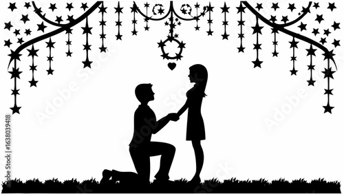 Silhouette of a man proposing to a woman under a star decorated archway with hanging star garlands | editable eps vectors