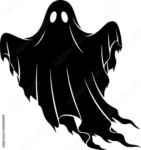A classic black ghost silhouette with a flowing, tattered body