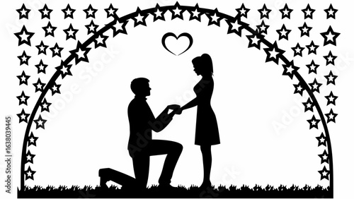 Silhouette of man proposing to woman under star arch with heart above them in black and white design | editable eps vectors