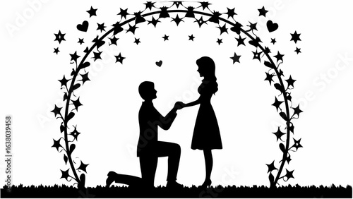 Silhouette of a man proposing to a woman under a star and heart adorned floral archway on grass | editable eps vectors