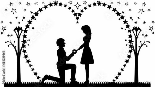 Silhouette of a man proposing to a woman under a star heart arch with trees and grass design element | editable eps vectors