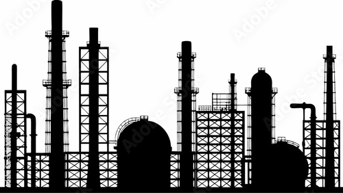 Silhouette of an industrial complex featuring refinery towers and storage tanks against a white background | editable eps vectors