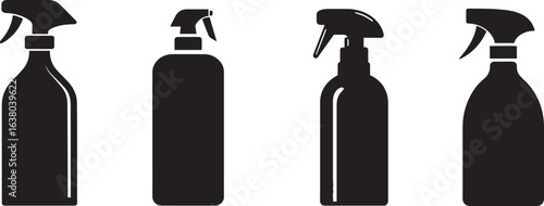 Black Spray Bottle Silhouette Icon Set for Cleaning and Hygiene Products