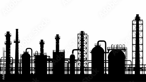 Silhouette of industrial complex with towers tanks and pipelines against a white background in a landscape view | editable eps vectors