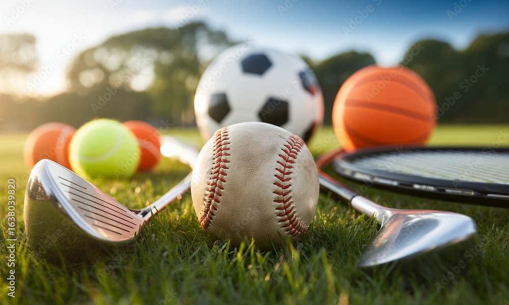 Naklejka premium Sports Equipment for Various Activities Golf, Tennis, Baseball, Soccer, and Basketball