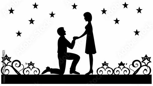 Silhouette of a man proposing to a woman under a starry sky with decorative floral elements below them | editable eps vectors