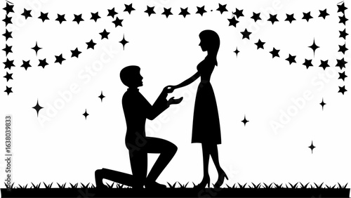 Silhouette of a man proposing to a woman under star lights creating a romantic atmosphere outside | editable eps vectors