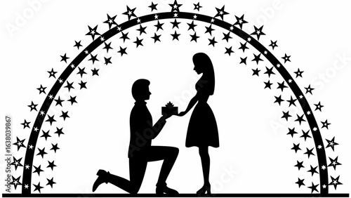 Man proposing to a woman under an arch of stars with a gift box in a silhouette illustration | editable eps vectors