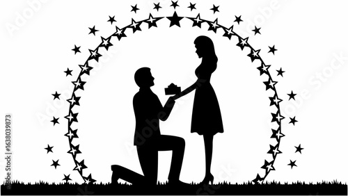 Silhouette of a man proposing to a woman under an arch of stars in a romantic black and white scene | editable eps vectors