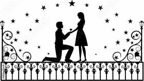 Silhouette of a man proposing to a woman under a starry sky on a decorative balcony with lampposts | editable eps vectors
