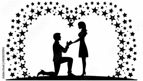 Silhouette of a man proposing to a woman under a heart shaped arch of stars in black and white style | editable eps vectors