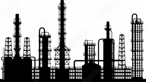 Silhouette depiction of an industrial complex with multiple towers and refinery structures in black and white | editable eps vectors