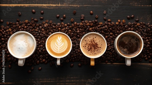 Four cups of coffee in a row showing different stages of preparation and coffee beans