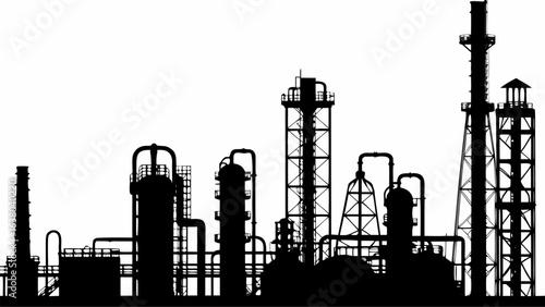 Silhouette depiction of an industrial complex with multiple towers and connecting pipe systems shown clearly | editable eps vectors