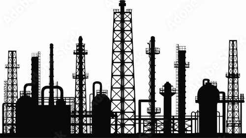 Silhouette of an industrial complex with towers and pipes against a white background showing factory details | editable eps vectors
