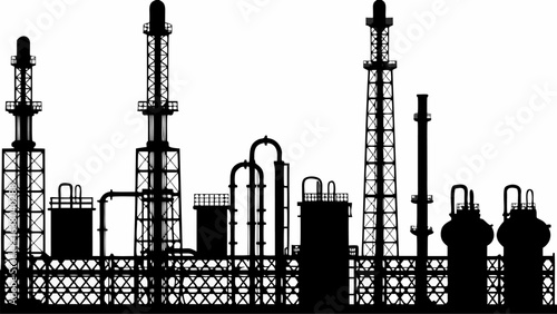 Silhouette of a chemical plant with towers tanks and pipework against a white background in a vector graphic | editable eps vectors