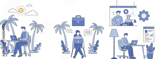 Remote work environments illustration set, tropical freelancing, mobile productivity, office setup, lifestyle contrast in modern minimalist digital workspace scenes