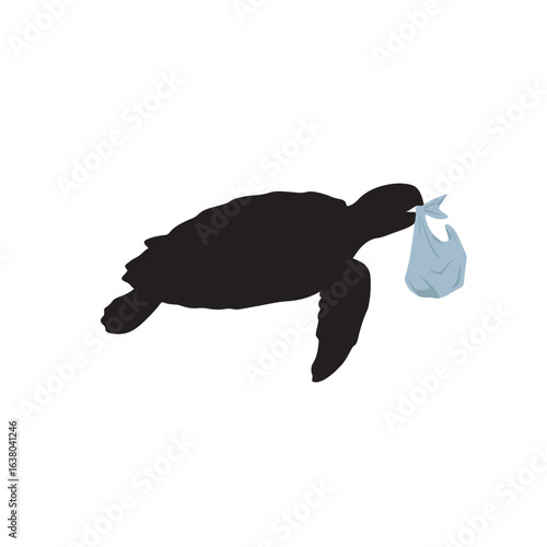 A silhouette of a turtle carrying a plastic bag in its mouth, symbolizing ocean pollution.