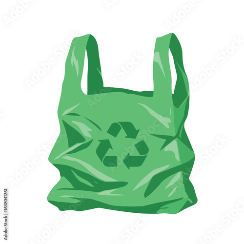 Green plastic bag with a recycling symbol on it, isolated on a white background.