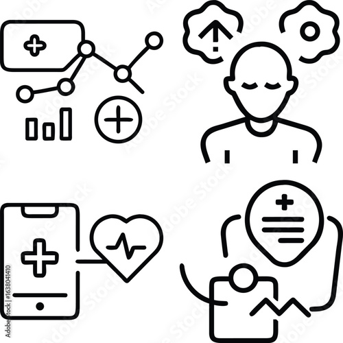 A collection of four line art icons representing digital health, medical data analysis, patient care, and health monitoring technologies.