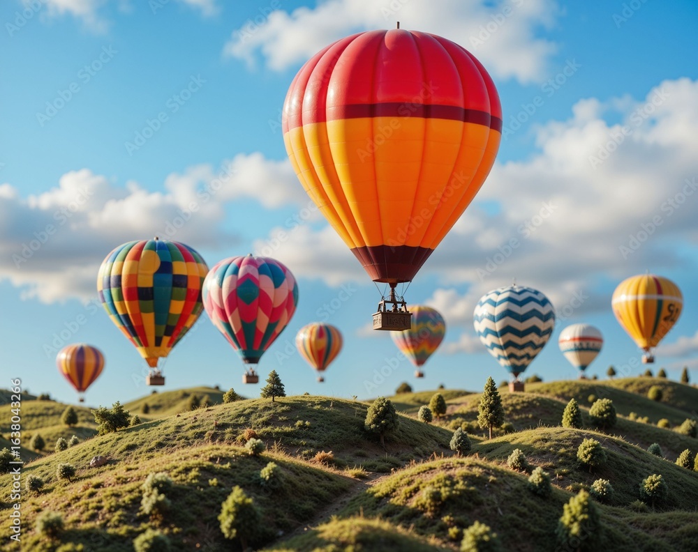 Fototapeta premium Colorful Hot Air Balloons Floating Over Scenic Green Hillside Landscape