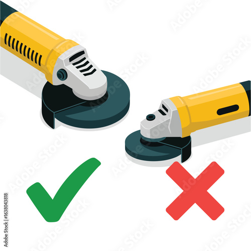 Angle grinder safety comparison with check mark and cross mark