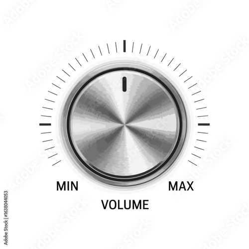 Silver volume knob with min max indicators and brushed metal texture