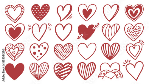 Collection of Decorative Red Hearts with Various Designs.