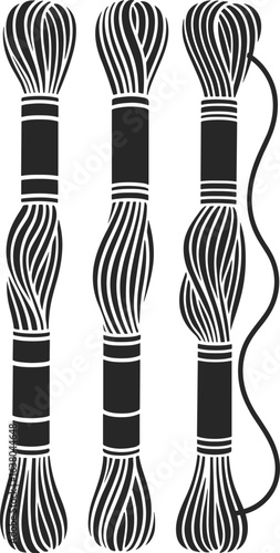 Black embroidery floss skeins, vector illustration, sewing craft supplies, textile thread bundles, 