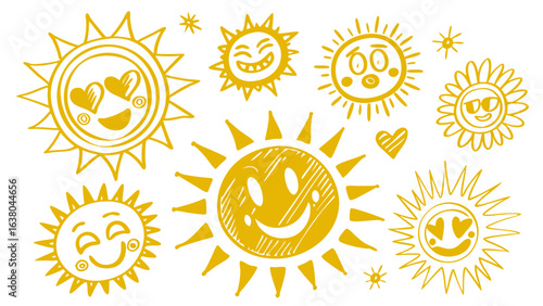 Collection of HandDrawn Cartoon Suns with Expressions.