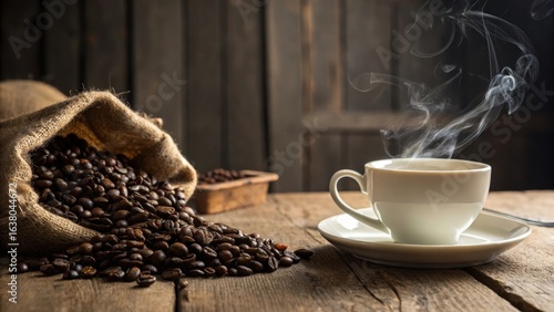 Steaming cup of coffee with roasted beans spill from burlap sack
